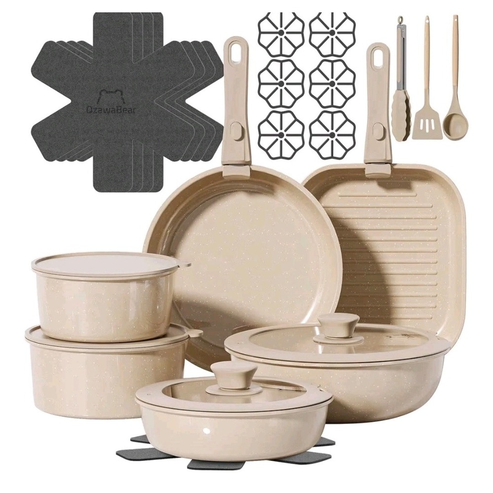OzawaBear 26Pcs Ceramic Nonstick Cookware Set Taupe Removable Handle KC-YZ-003